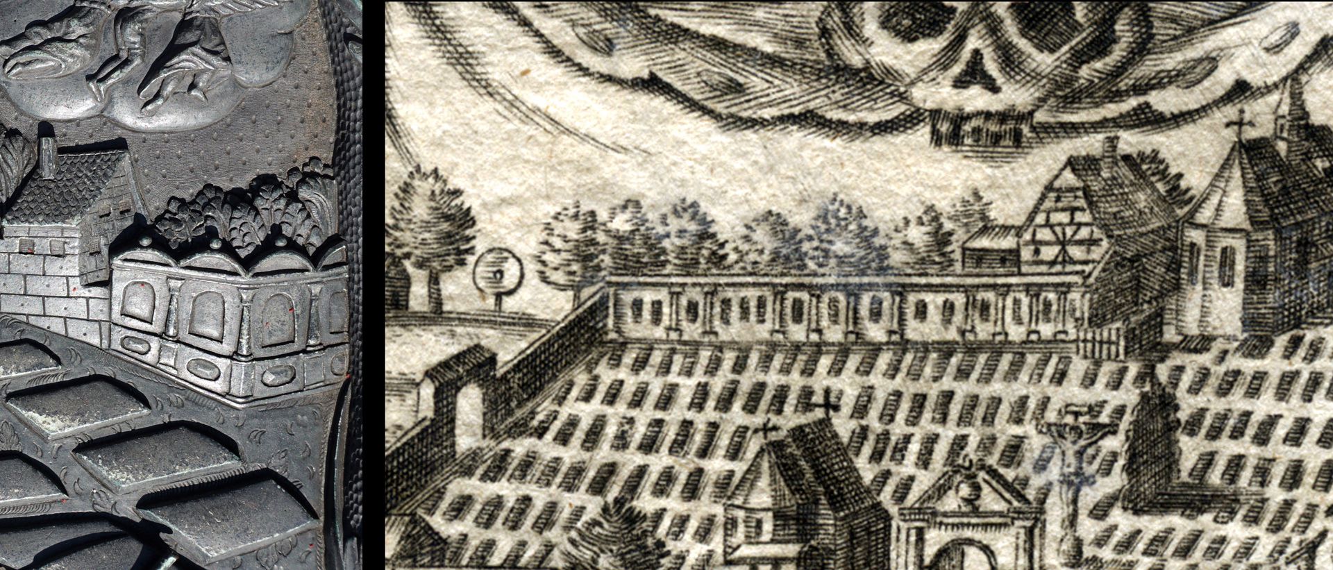 epitaph for Wolfgang Endter and wife Maria Oeder Comparative picture by Johann Azelt (copperplate engraving 1682) with arcade wall in front of the "large parish garden" that existed until 1714