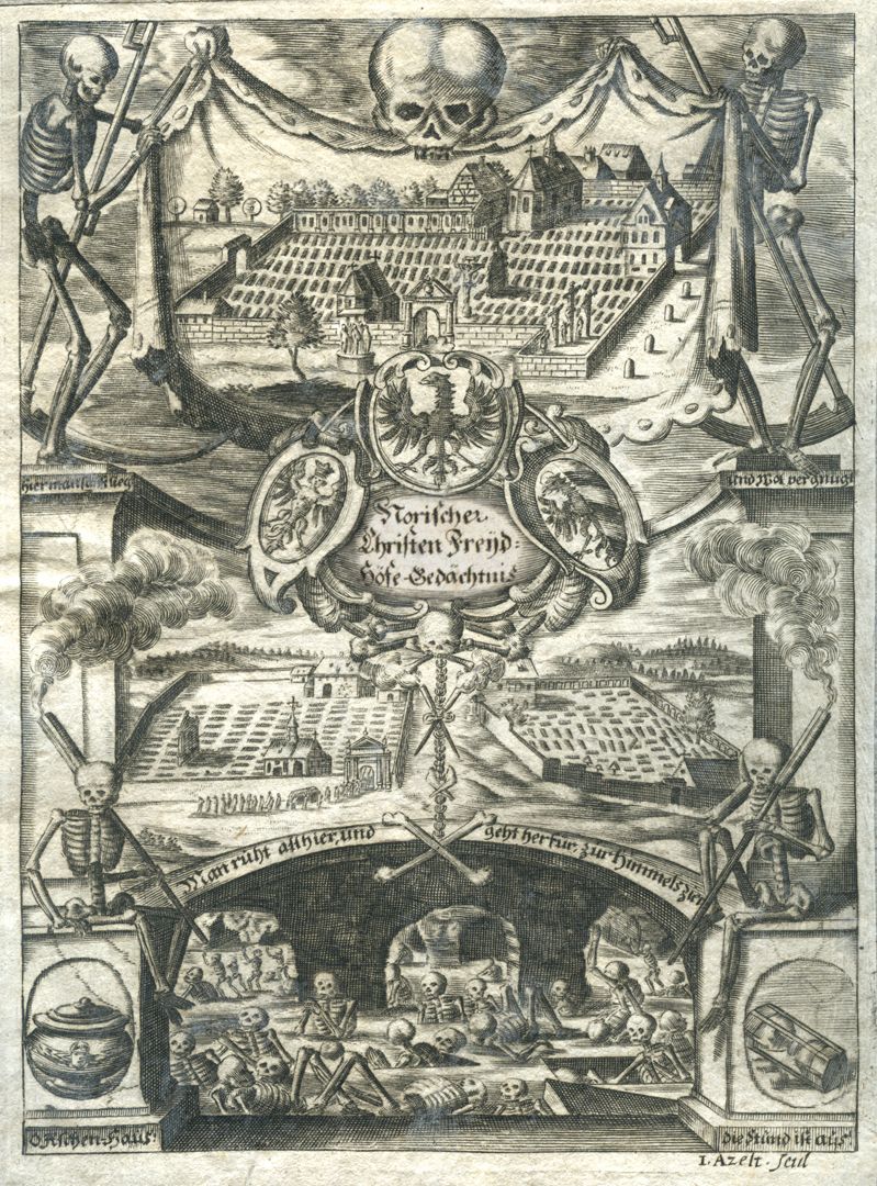epitaph for Wolfgang Endter and wife Maria Oeder “Noric Christians Freydhöfe” copperplate engraving by Johann Azelt (1682)