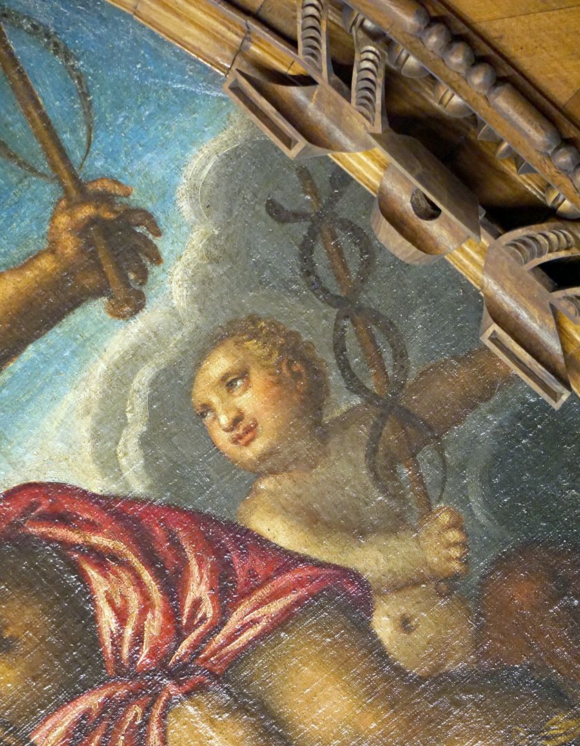 Ceiling of the beautiful room Mercury, detailed view, putto with a caduceus staff