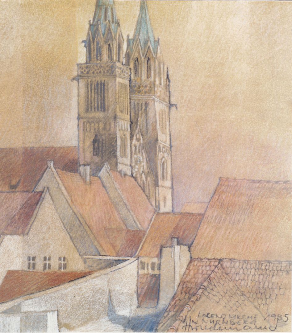 Lorenzkirche Nürnberg Detailansicht mit Dachlandschaft und Türmen