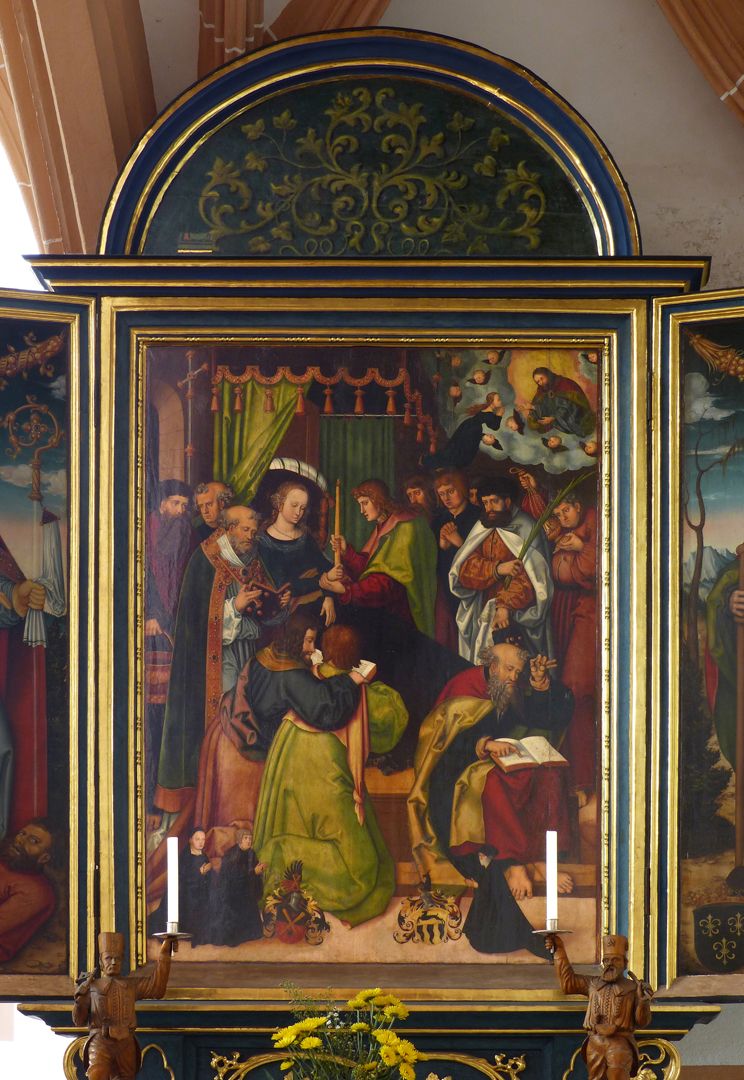 Pflockscher Altar Mitteltafel mit der Dormitio Mariae. Unten die Stifterfiguren samt Wappen.