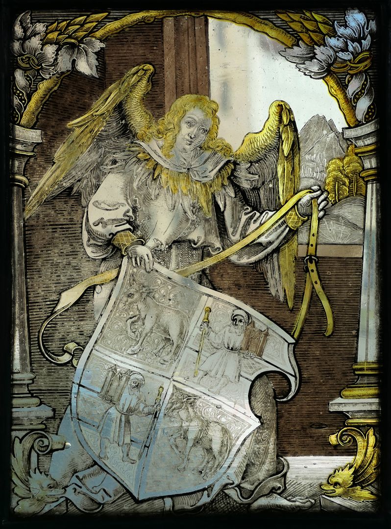 Fenster nII 1 des Sebalder Chörleins angel with coat of arms, coat of arms alliance Eseler/Propstei St. Sebald