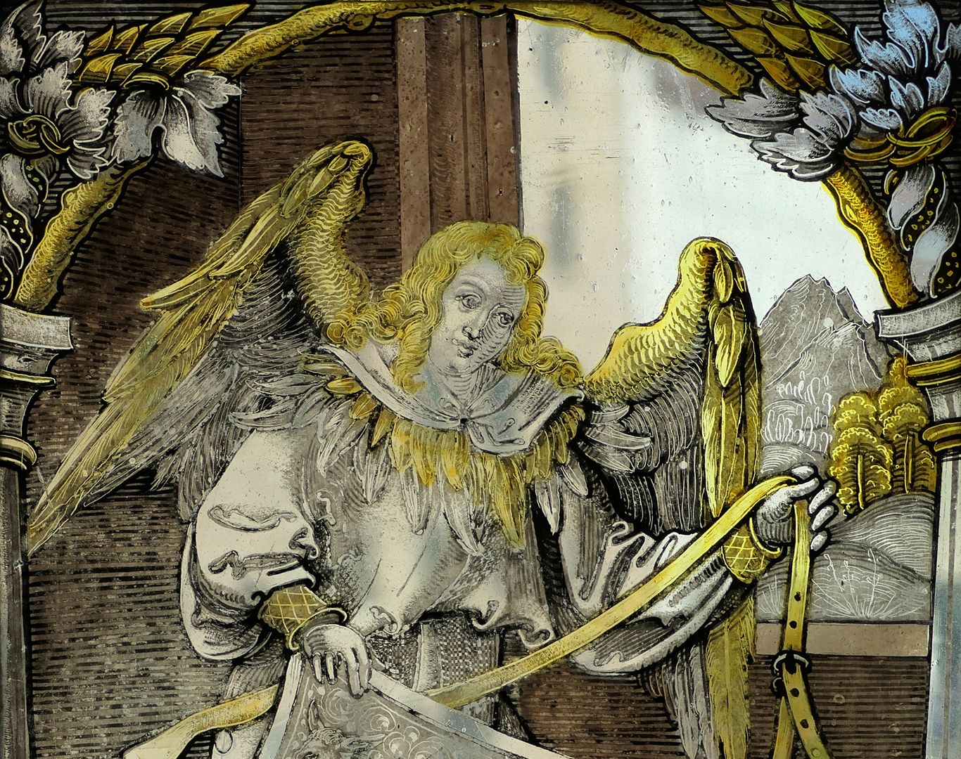 Fenster nII 1 des Sebalder Chörleins angel with coat of arms, coat of arms alliance Eseler/Propstei St. Sebald, detail view with angel