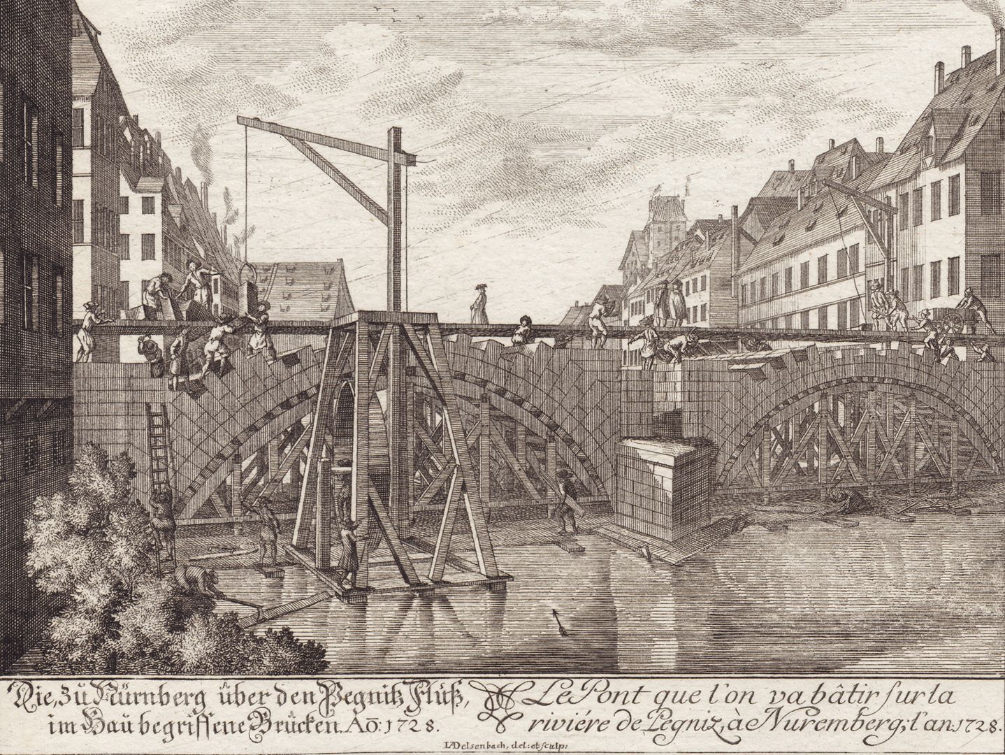 Karlsbrücke Ansicht der Baustelle im Jahre 1728 von Westen