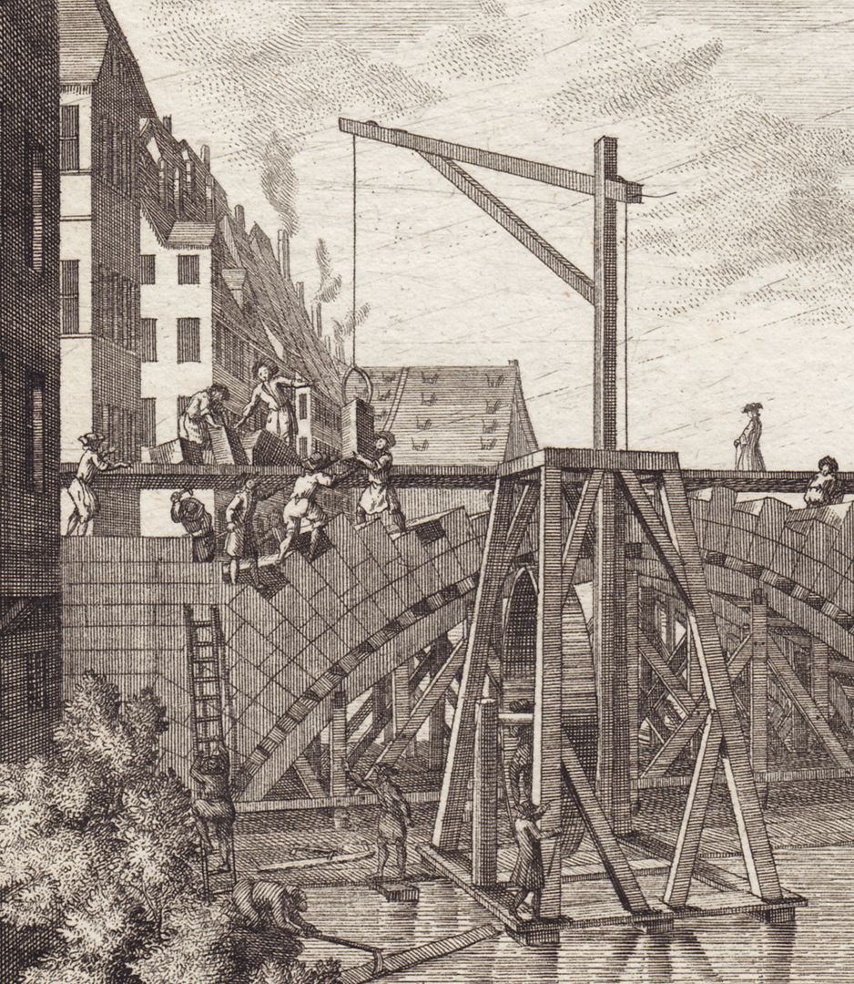 Karlsbrücke Ansicht der Baustelle im Jahre 1728 von Westen, Detail mit Baukran