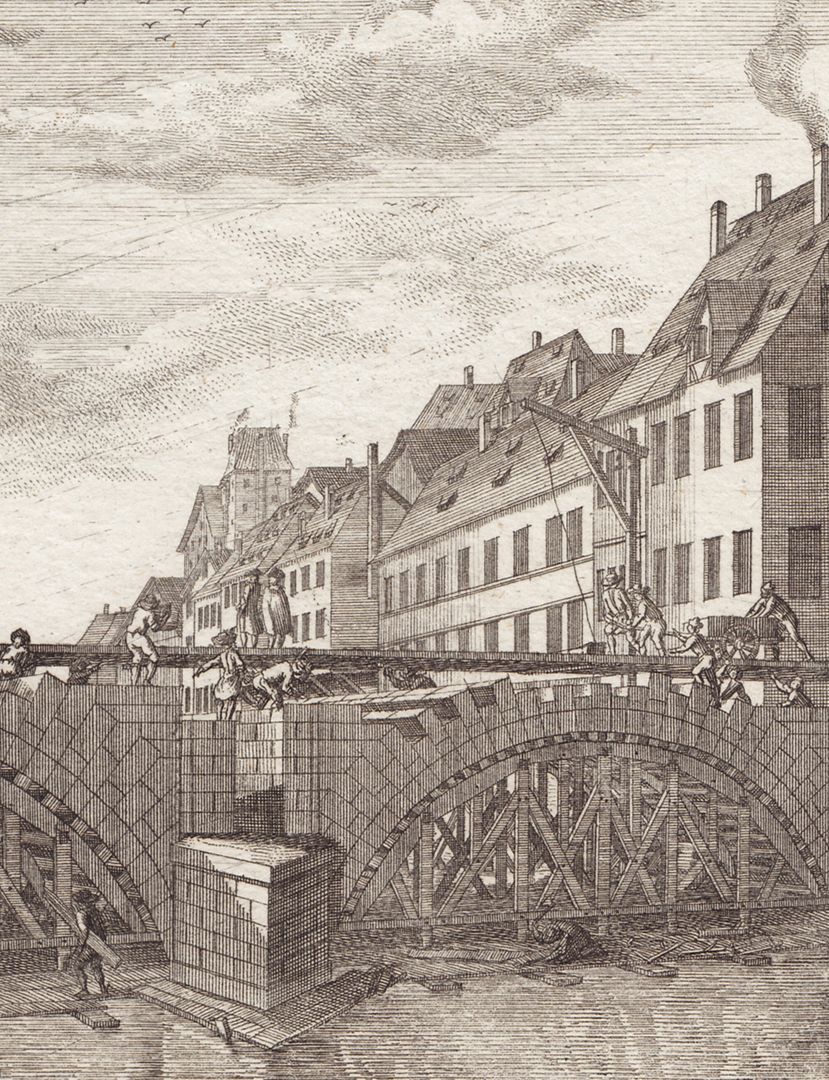 Karlsbrücke Ansicht der Baustelle im Jahre 1728 von Westen, Detail mit südlichem Brückenbogen
