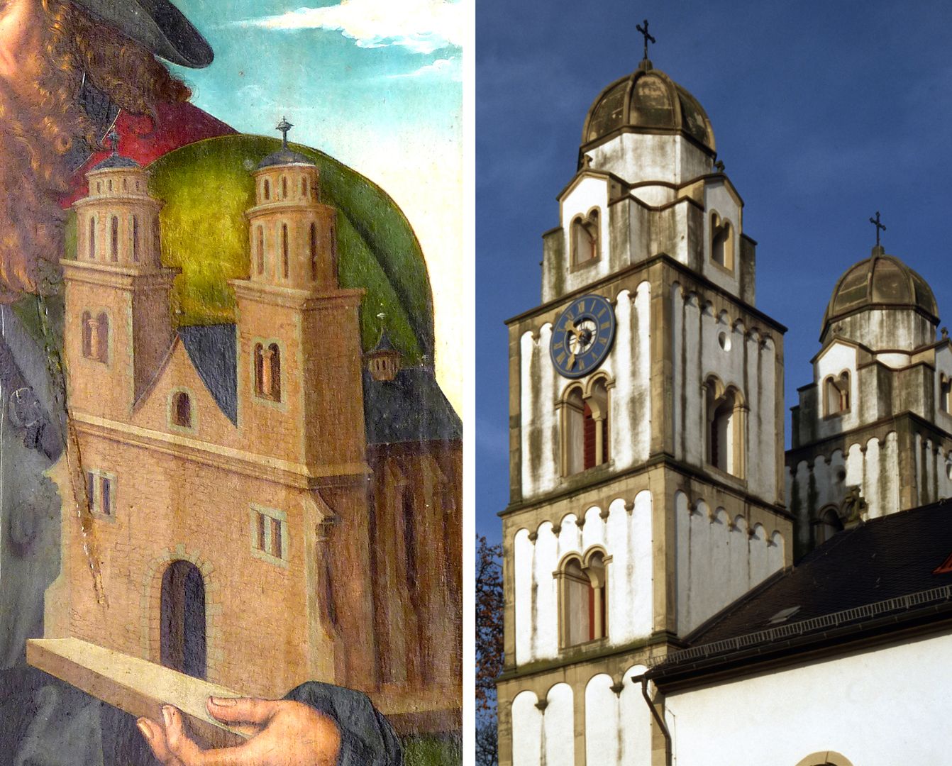 Pflockscher Altar Vergleich zwischen der nachromanischen Architektur von Sankt Sebald in Annaberg und einem Beispiel von 1200: der Kirche von Guntersblum (man beachte die identischen Biforen und die morgenländischen Turmbekrönungen)
