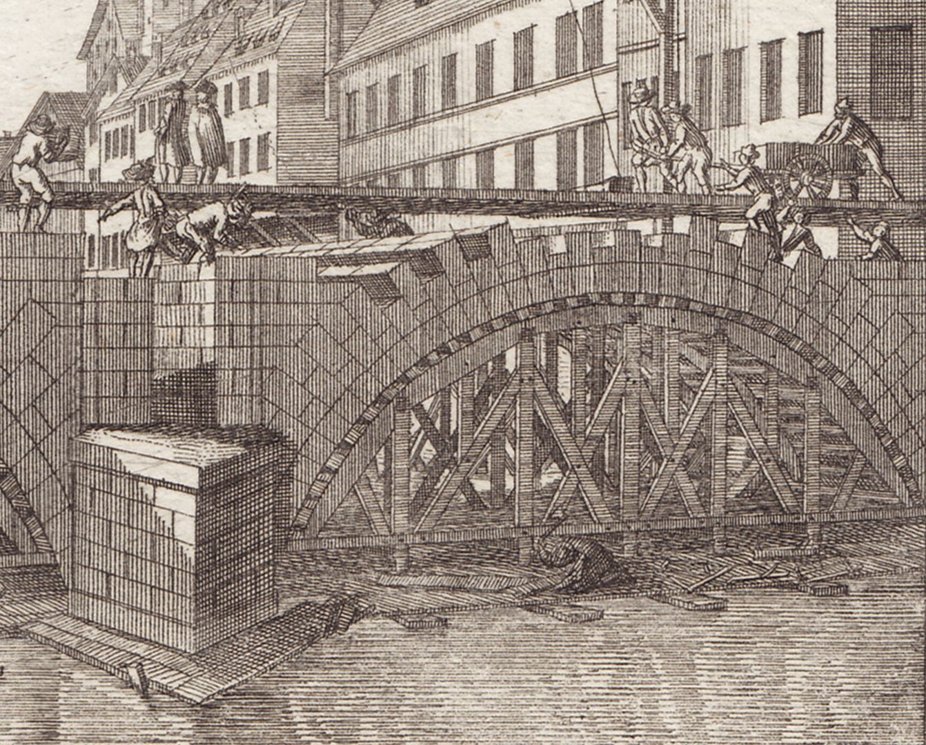 Karlsbrücke Ansicht der Baustelle im Jahre 1728 von Westen, Detail mit südlichem Brückenbogen