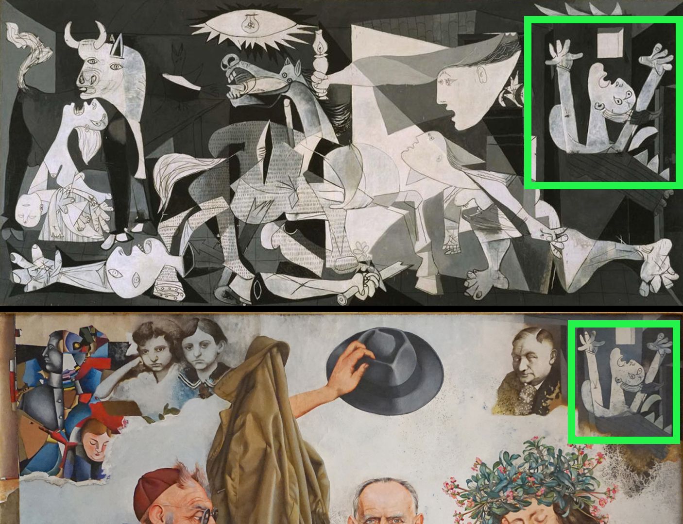 Hermann Kesten im Café Bildvergleich mit der "Guernica" von Picasso aus dem Jahre 1937 (Die baskische Stadt Guernika wurde 1937 durch einen Luftangriff der deutschen Legion Condor zerstört, ein "Übungsfeld" der deutschen Luftwaffe und Vorbote des Zweiten Weltkrieges)