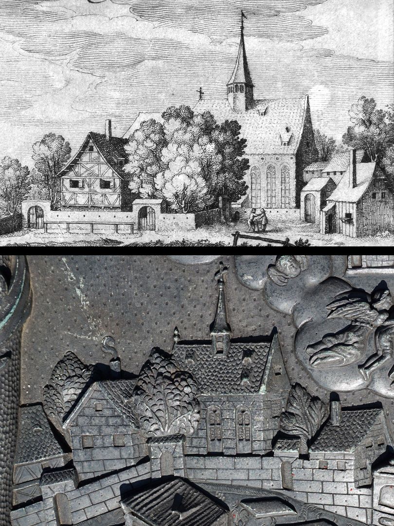 epitaph for Wolfgang Endter and wife Maria Oeder Image comparison with detail from a copperplate engraving (around 1616) by Matthäus Merian the Elder.