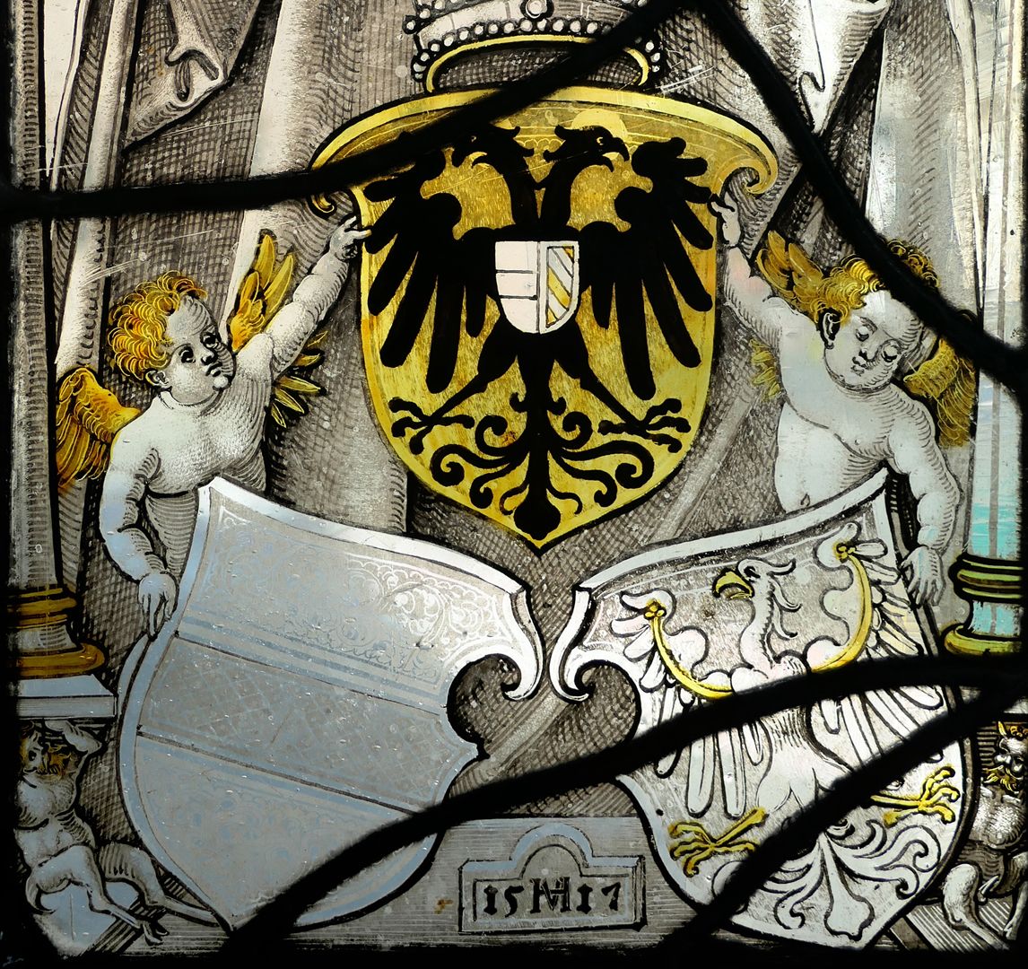 Fenster nII 1 des Sebalder Chörleins second window of the row, detail view with coat of arms triple band, below artist signature VH 1517