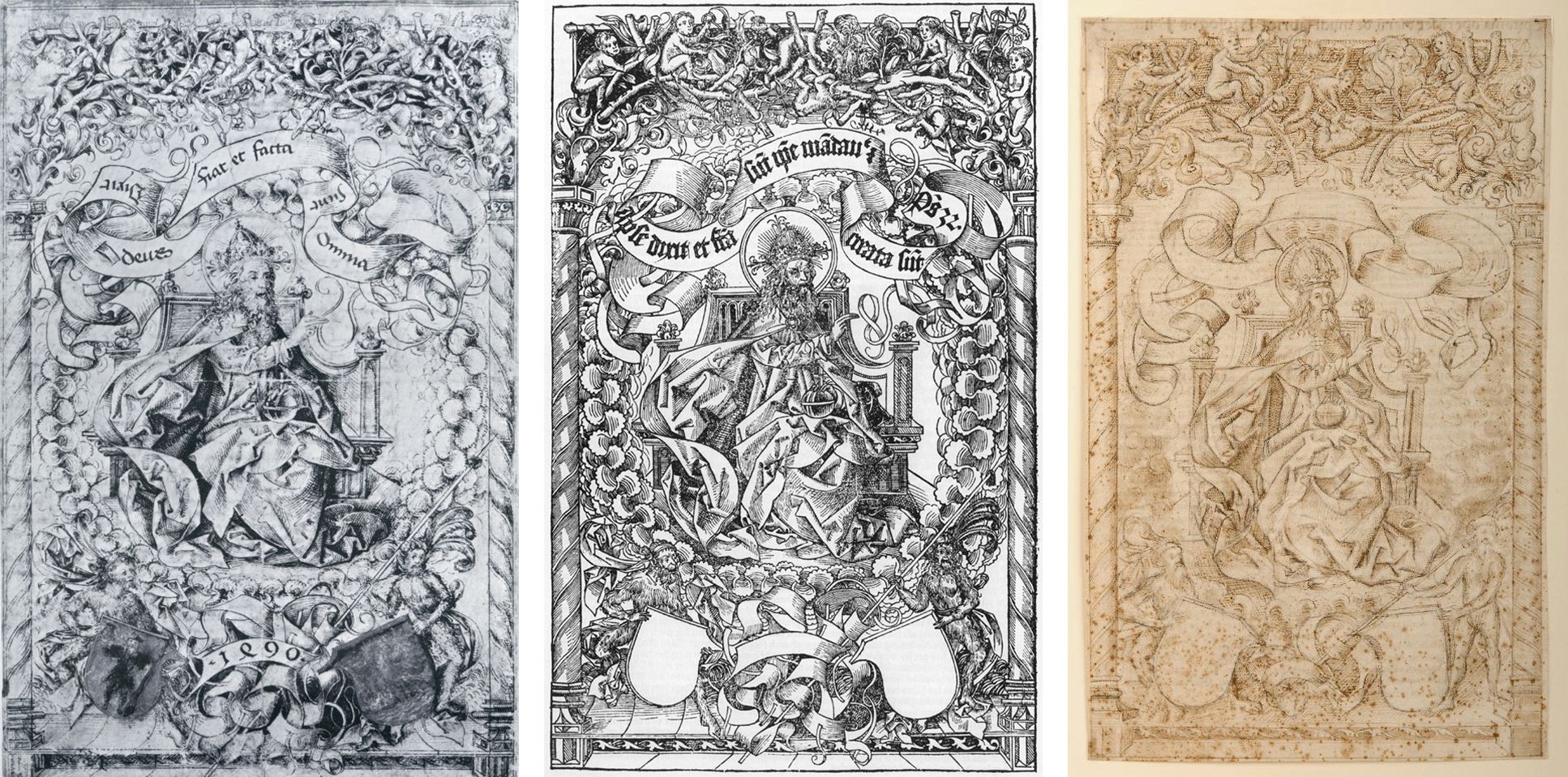 Cover of Schedel´s World Chronicle A: Original drawing from the workshop of Michael Wolgemut. b: Cover of Schedel´s World Chronicle, 1493, copy of the original drawing in London, 1490s?