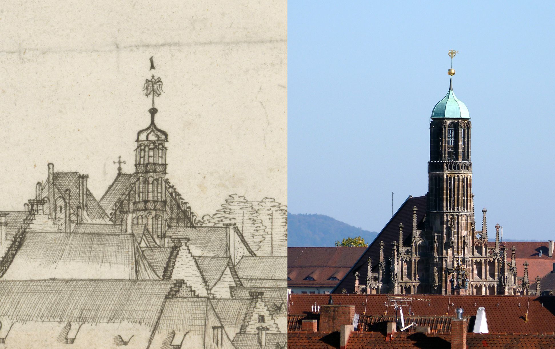 Panoramic view of the City of Nuremberg as seen from the west Contrasting the detail Our-Lady´sChurch with the state of today