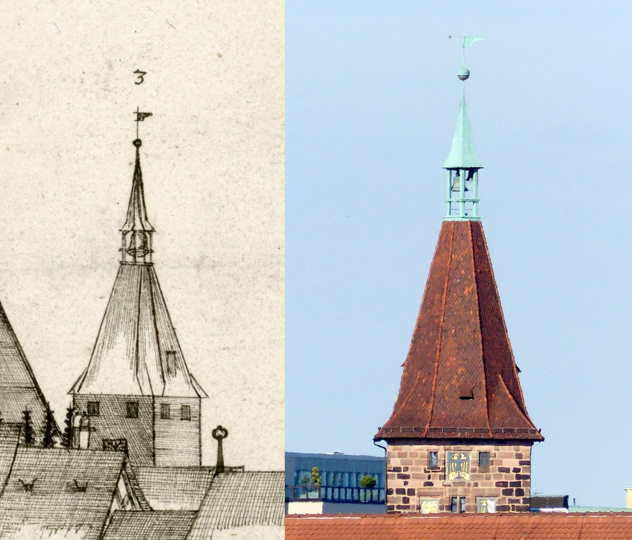 Panoramic view of the City of Nuremberg as seen from the west Contrasting the detail Laufer Schlagturm with the state of today