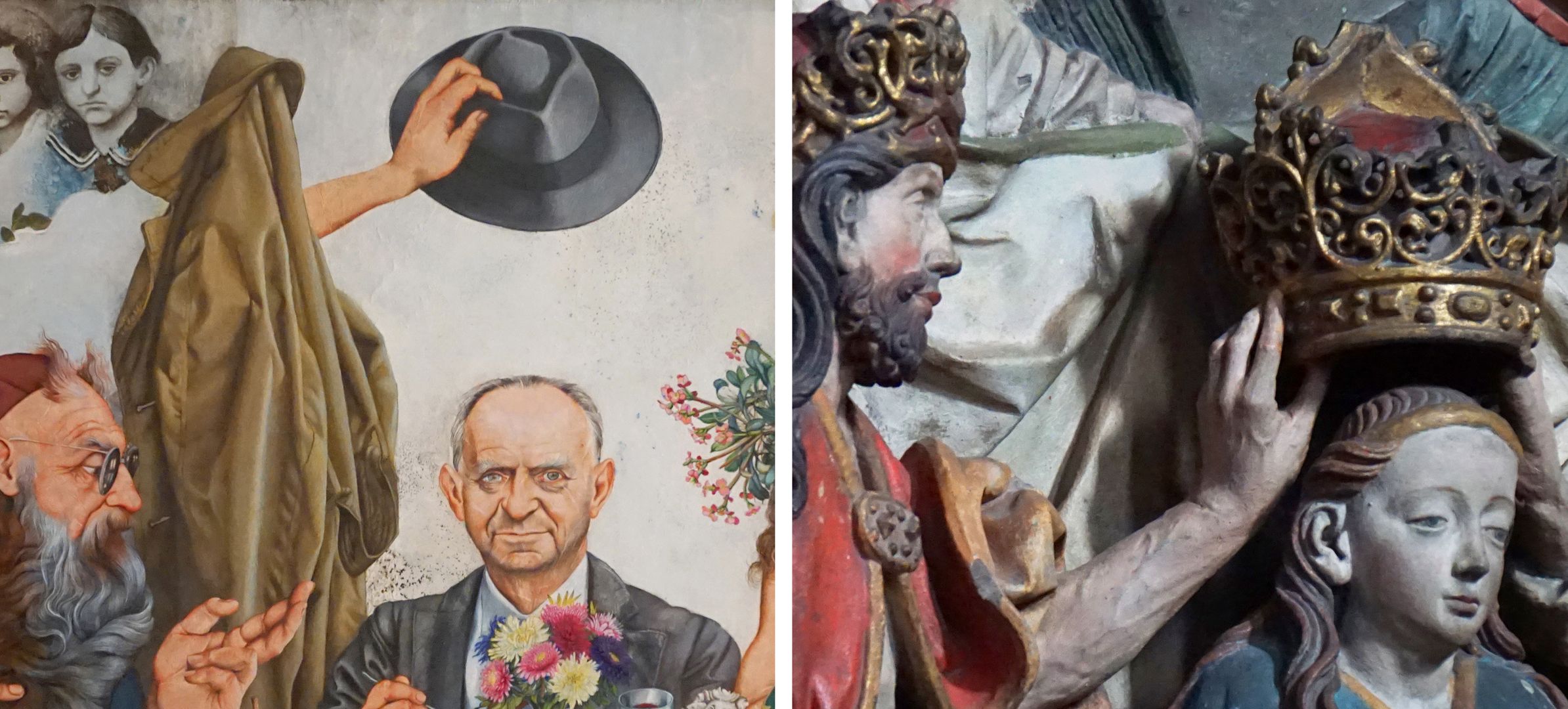 Hermann Kesten in the Café The hat over Kesten that protects the poet - or crowns him ? / Here, as a comparison, the crowning of the Virgin by Kraft from the epitaph of Hans Rebeck in the Frauenkirchefétisch.