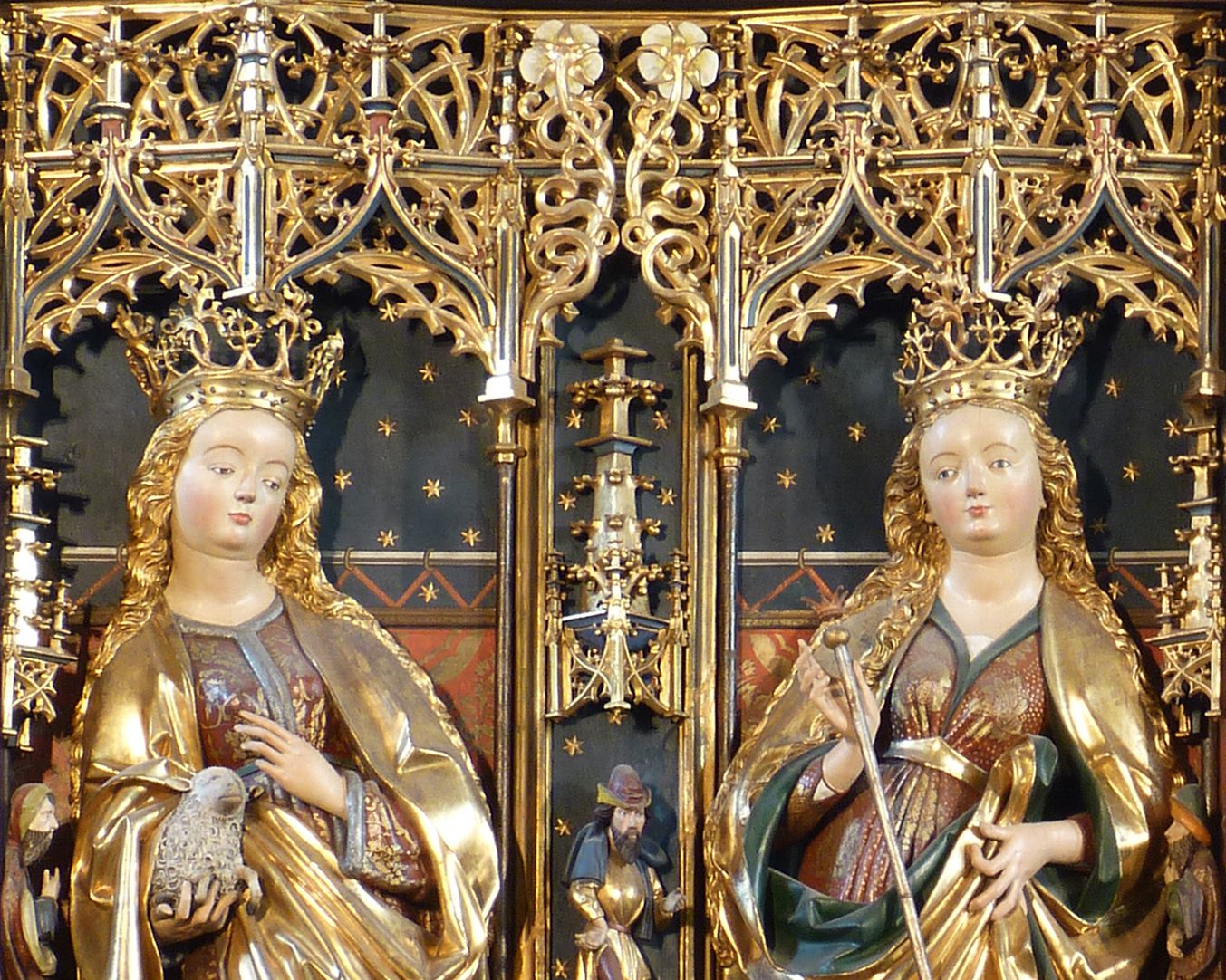 Zwickau high altarpiece linker Flügel, Agnes mit dem Lamm und rechts Attribut unbekannt