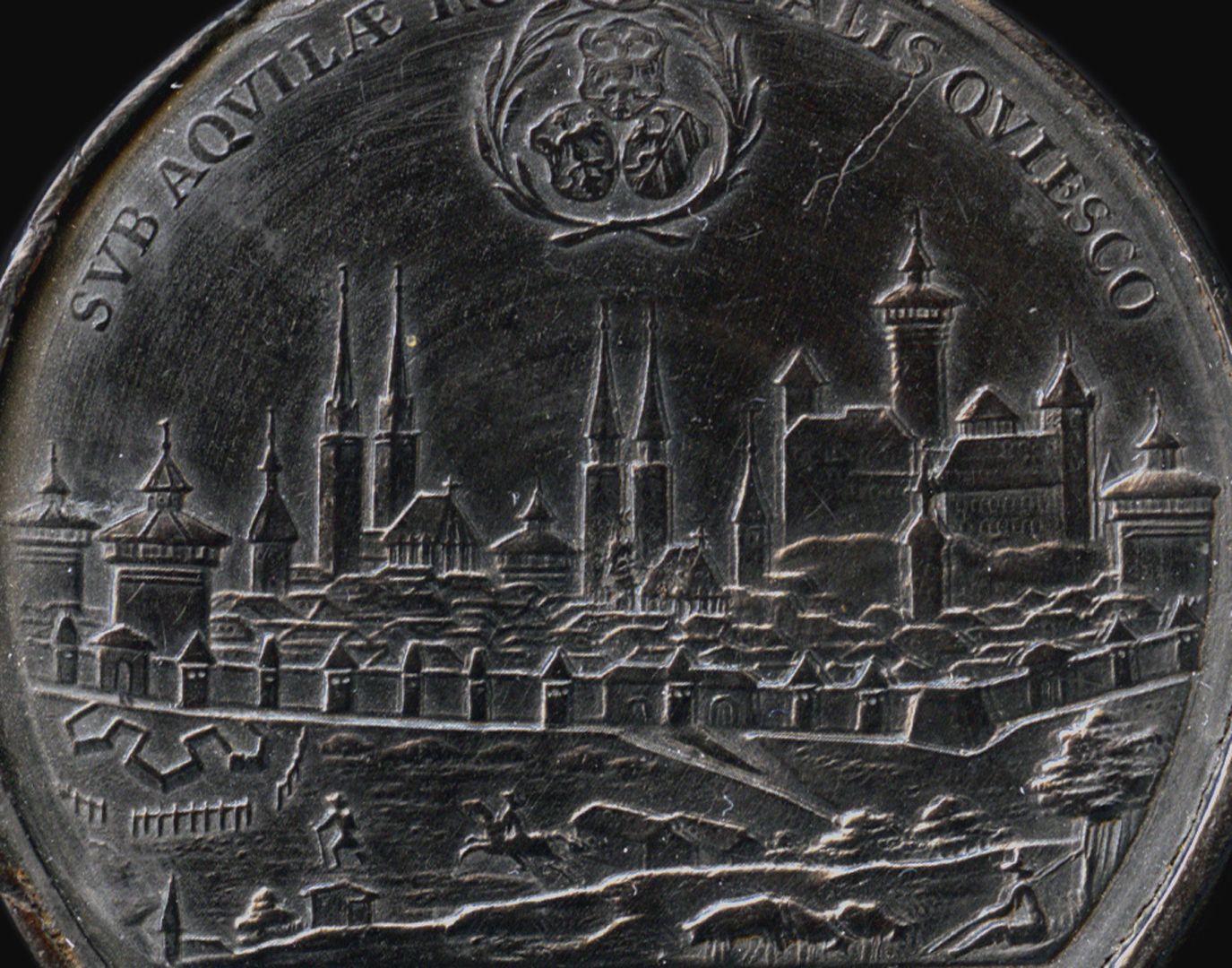 Spielstein mit Stadtansicht Nürnbergs von Osten und Friedensallegorie Spielsteinseite mit Stadtansicht von Nürnberg, Detail