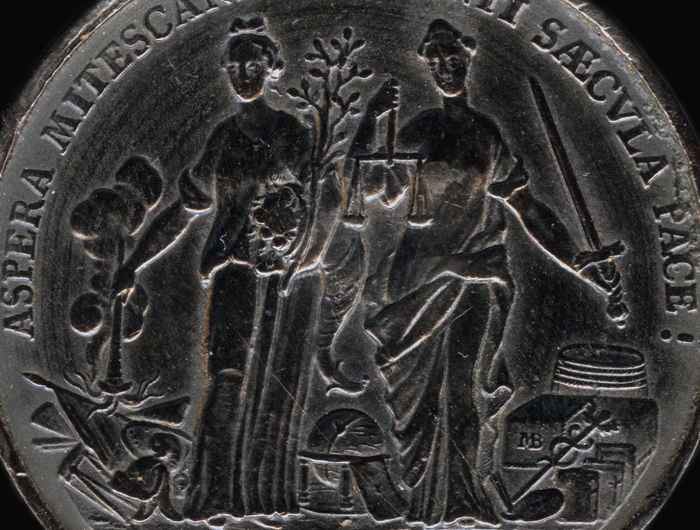 Spielstein mit Stadtansicht Nürnbergs von Osten und Friedensallegorie Spielsteinseite mit Allegorien von Pax und Justitia