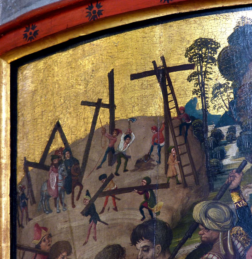 Thanhauser Epitaph Detail der linken oberen Bildecke mit Aufrichtung der Kreuze