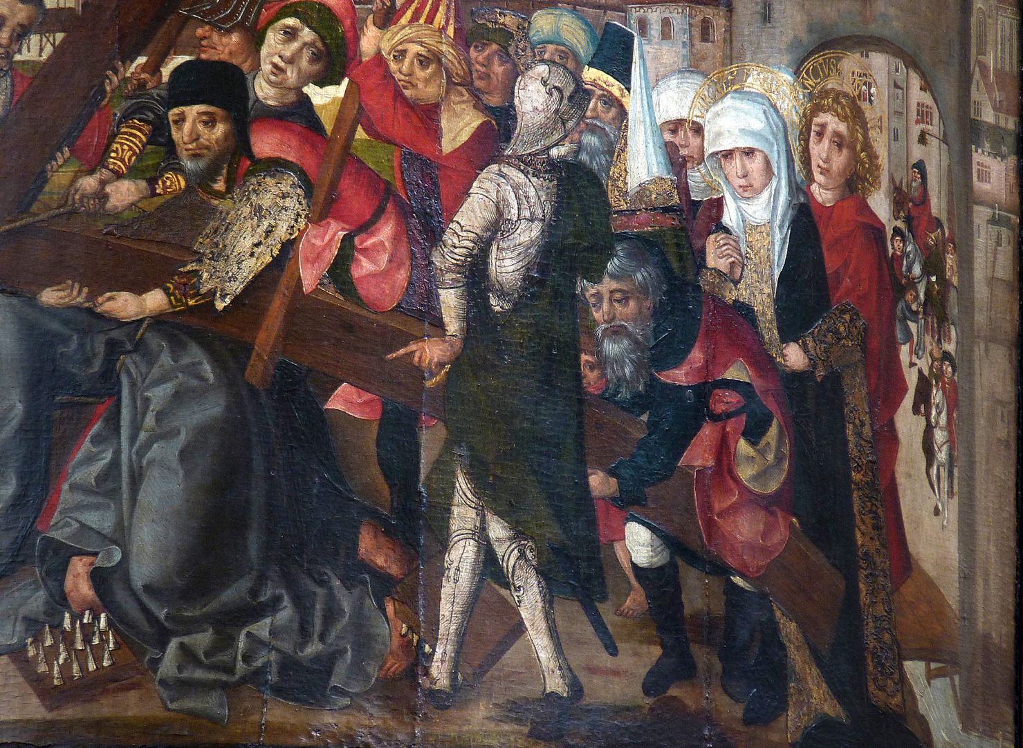 Thanhauser Epitaph Kreuztragung, Detail der Menschenmenge mit Maria und Johannes