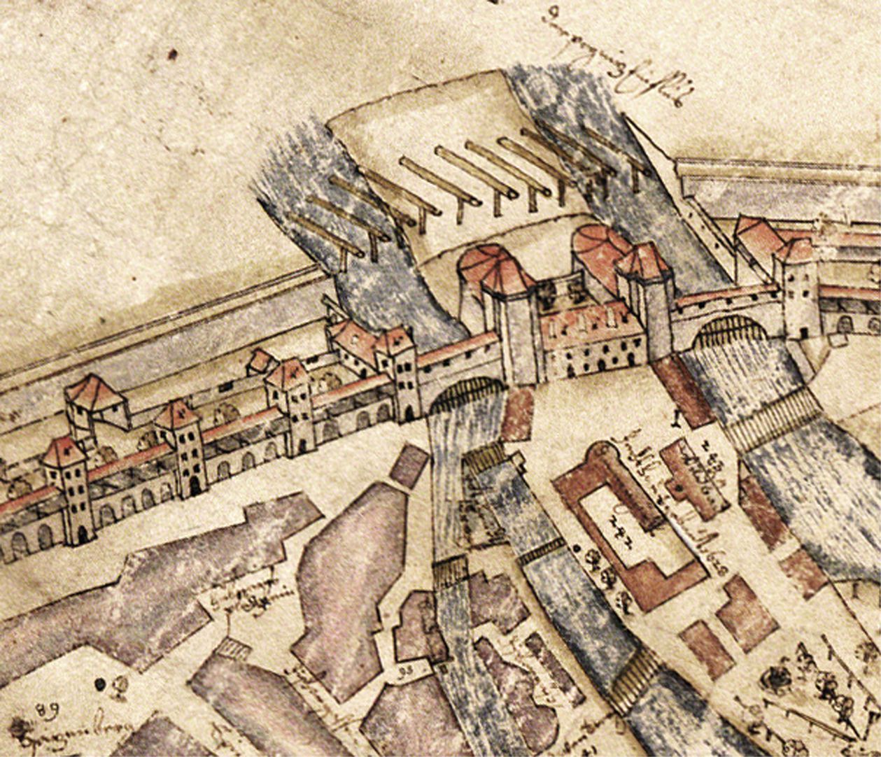 This City of Nuremberg within its enclosing walls… River Pegnitz, Casemate gate and Canon Towers of 1559 as well as ice breakers (from the northwest)
