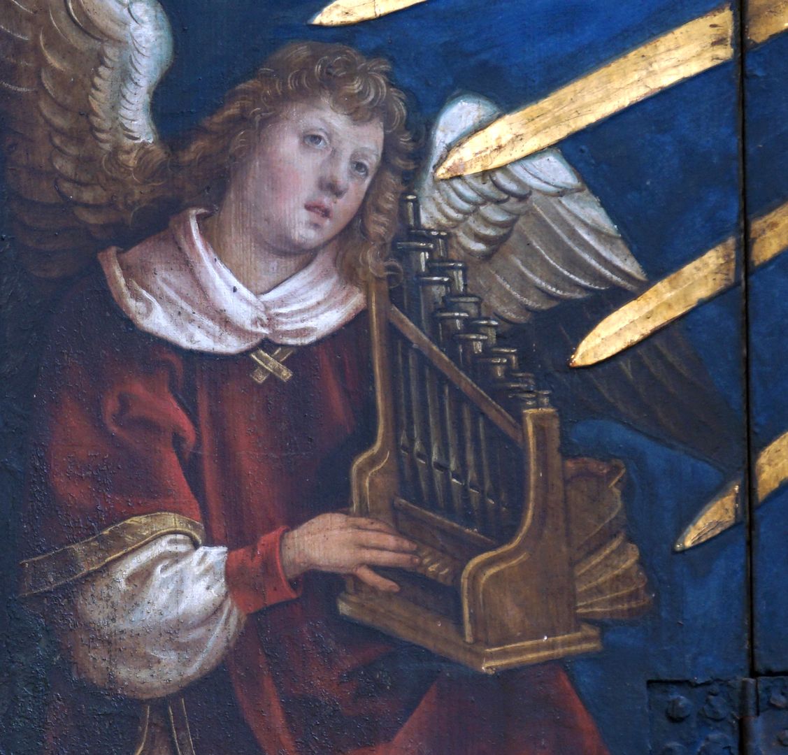 Altar of the Beautiful Mary ,Angel with organ portativ, detail