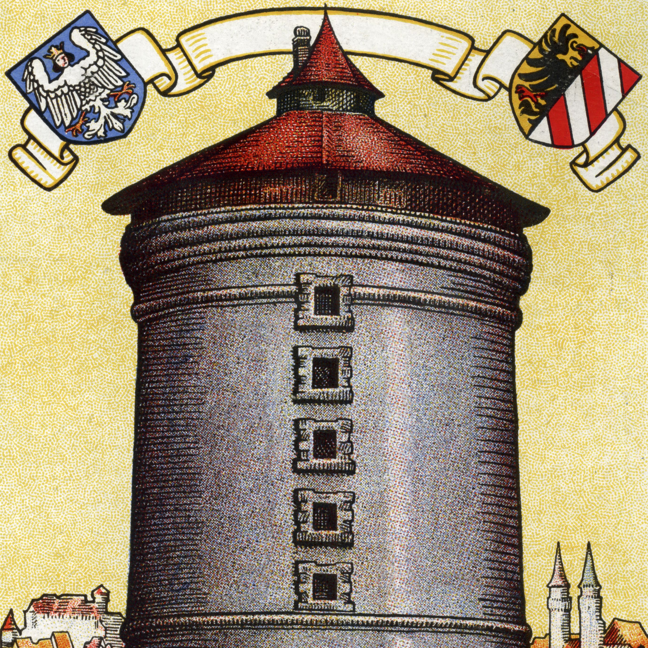 This is how the people trust Nürnberger Sparkasse Tower, above coat of arms of the city of Nuremberg; left Large city coat of arms: Virgin eagle / right Small coat of arms: Imperial eagle with white and red slanted shield.