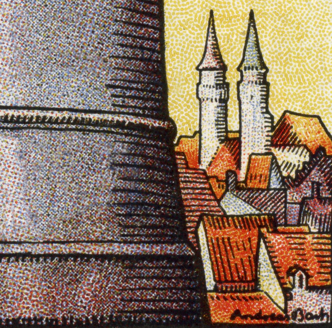 This is how the people trust Nürnberger Sparkasse Right: City view with Sebaldus Church, below the artist's signature.