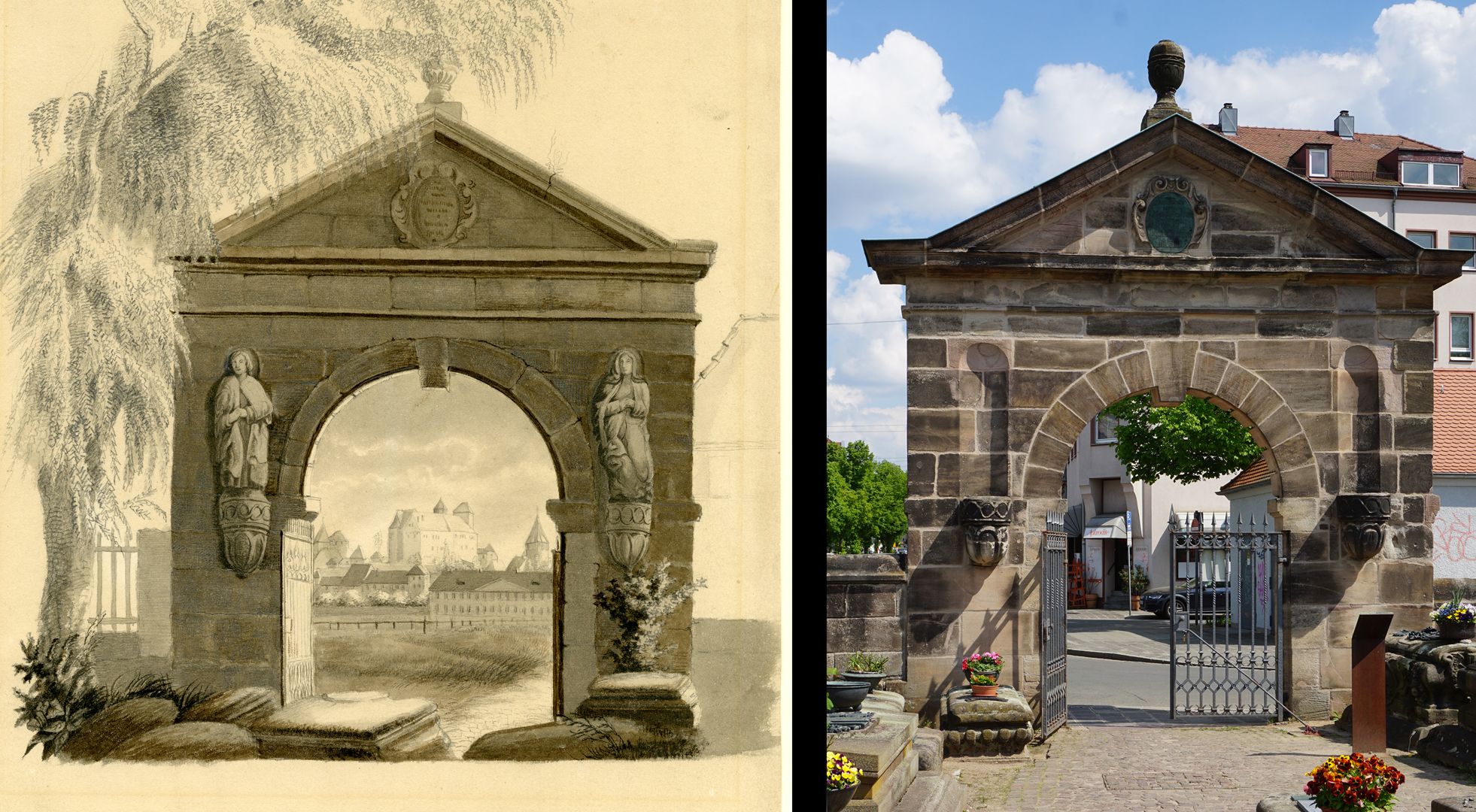 Entrance portal at the Johannis cemetery Comparison picture with today's state