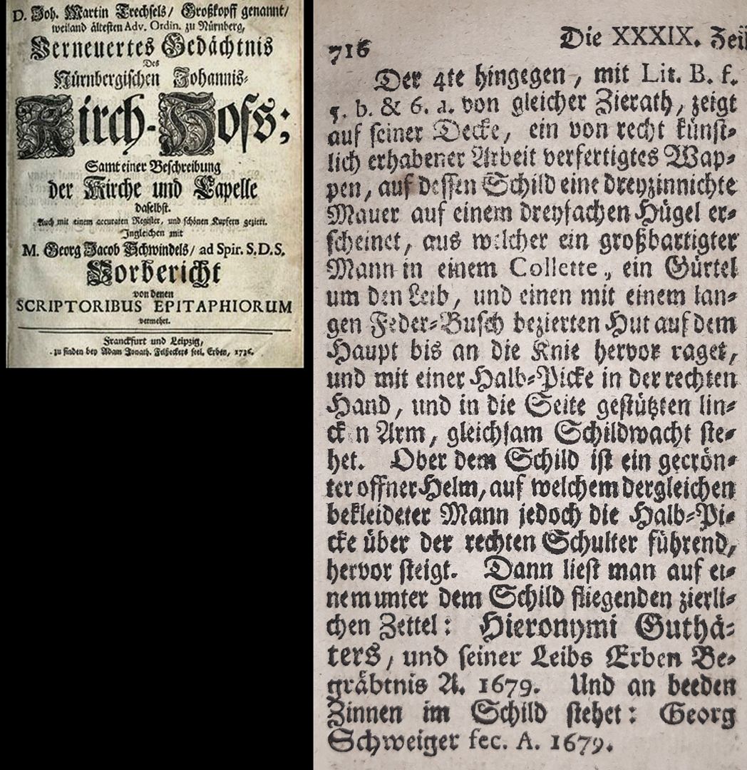 Epitaph for Hieronymus Gutthäter excerpt from Joh. Martin Trechsel's, Großkopf genannt: "Verneuertes Gedächtnis des nürnbergischen Johannis Kirch Hof ..." , Franckf. & Leipzig 1735 helmet cover