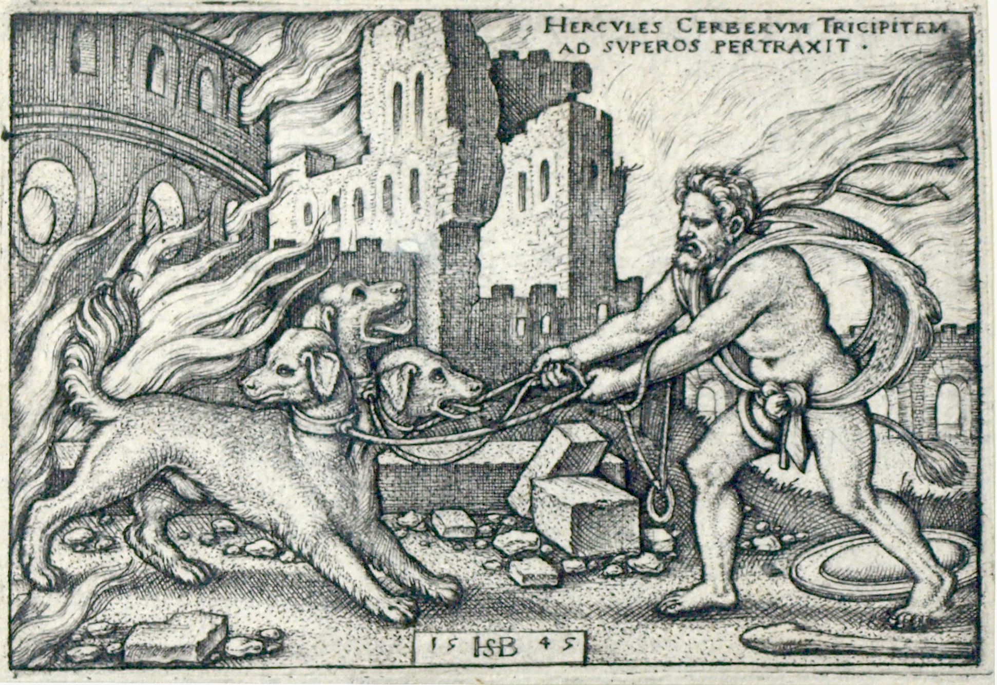 The deeds of Hercules Hercules has taken the three-headed Cerberus to the upper world, 1545, 52 x77 mm