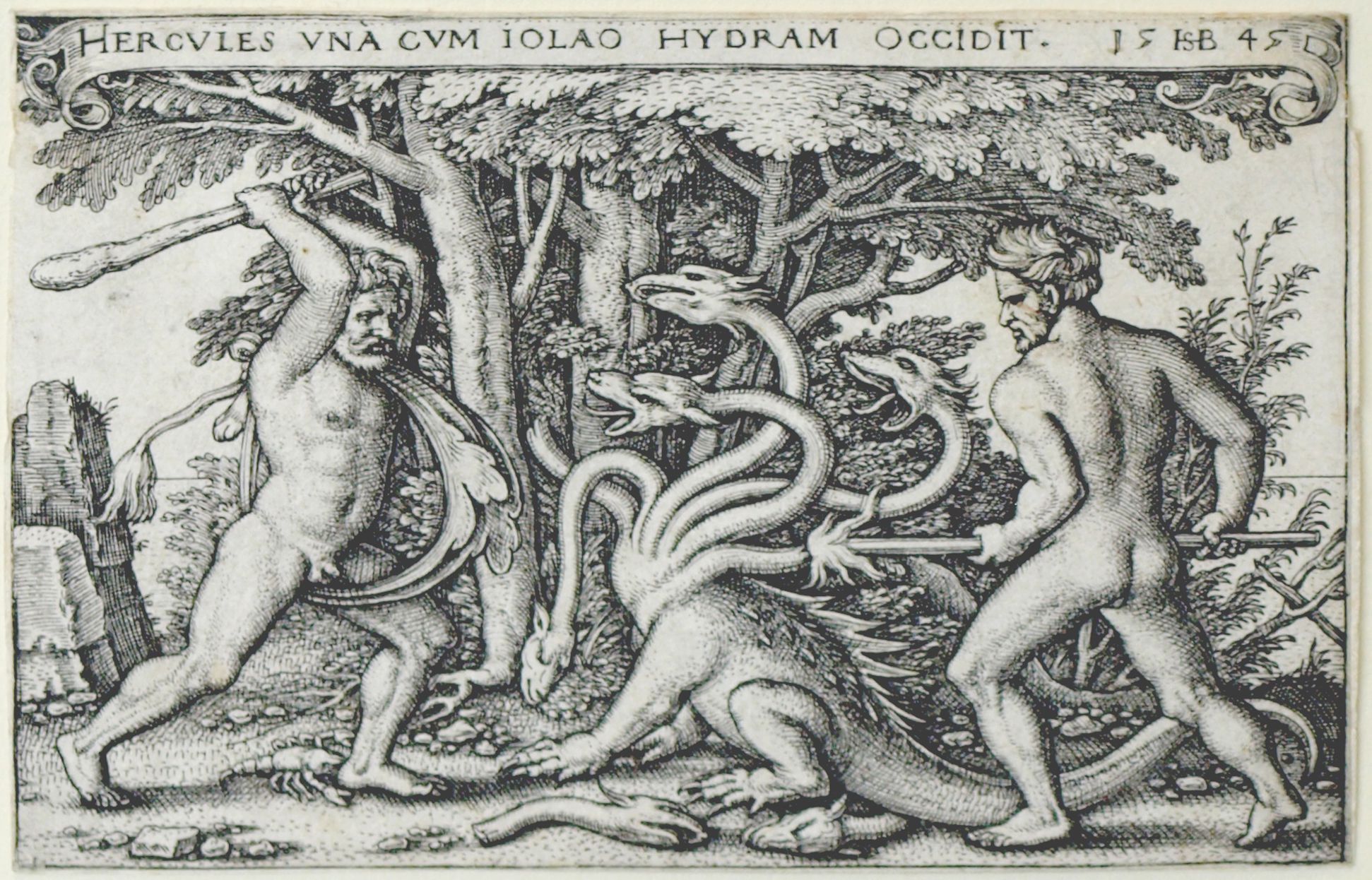 The deeds of Hercules Hercules together with Iolaos kills the Hydra, 1545, 52 x 77 mm