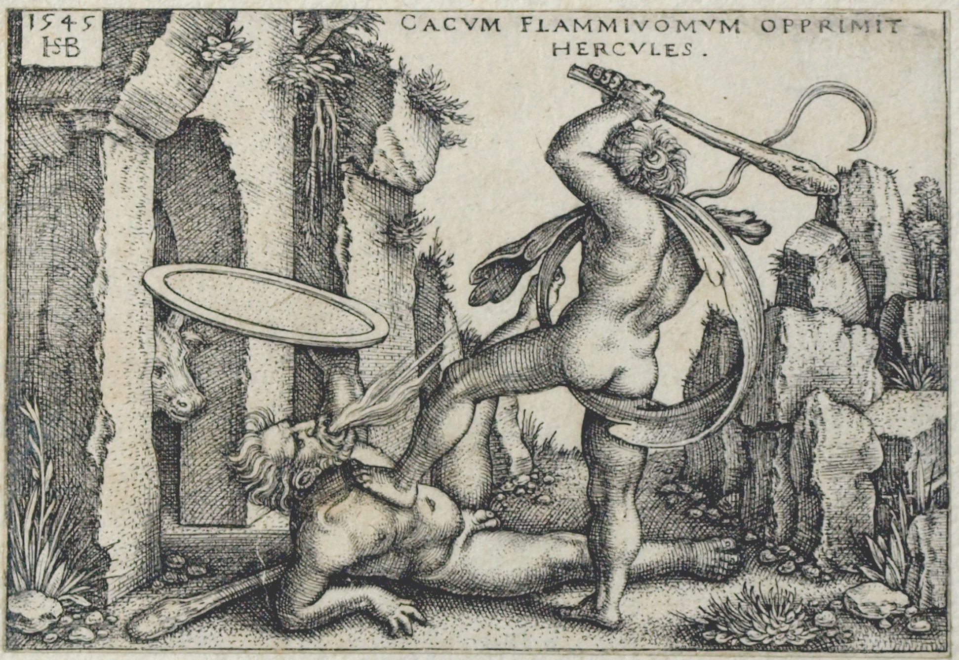 The deeds of Hercules Hercules defeats the fire-spitting Cacus, 1545, 48 x 70mm