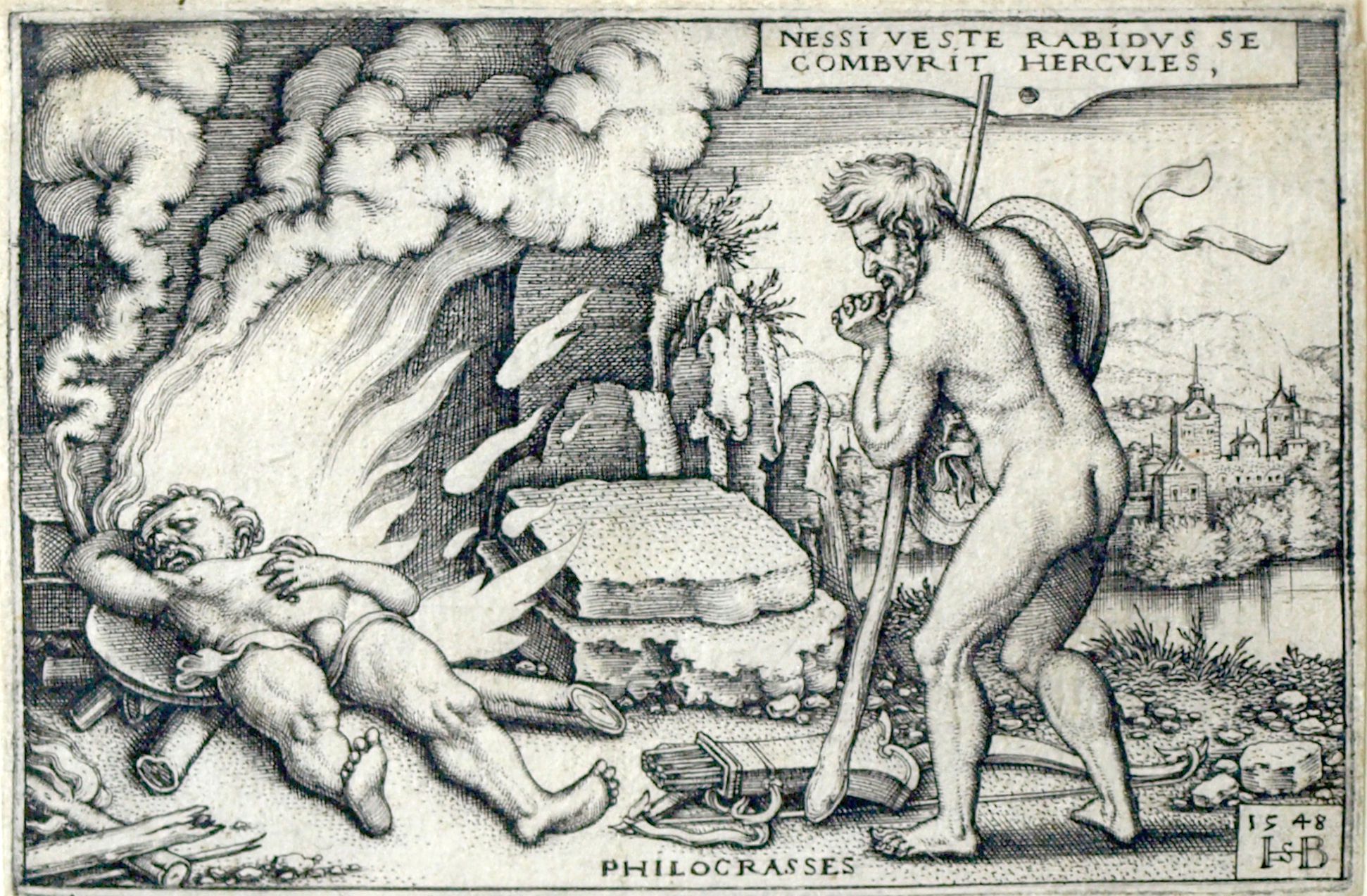 The deeds of Hercules Driven mad by the robe of Nessus Hercules burns himself to death, 1548, 52 x 77 mm