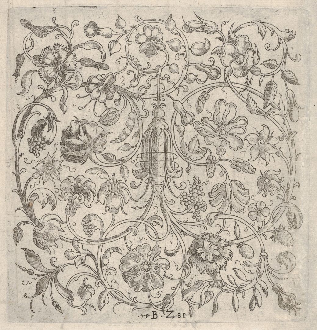 Square Panel with Vegetal Scrollwork, Flowers and Fruits 