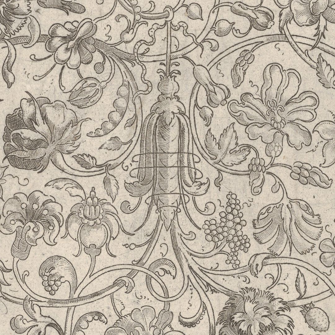 Square Panel with Vegetal Scrollwork, Flowers and Fruits Blattmitte, Detailansicht