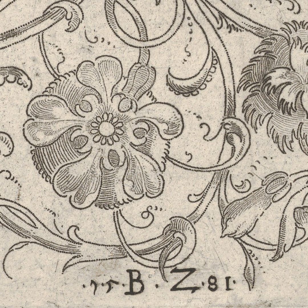Square Panel with Vegetal Scrollwork, Flowers and Fruits Detailansicht mit Künstlermonogramm und Datierung