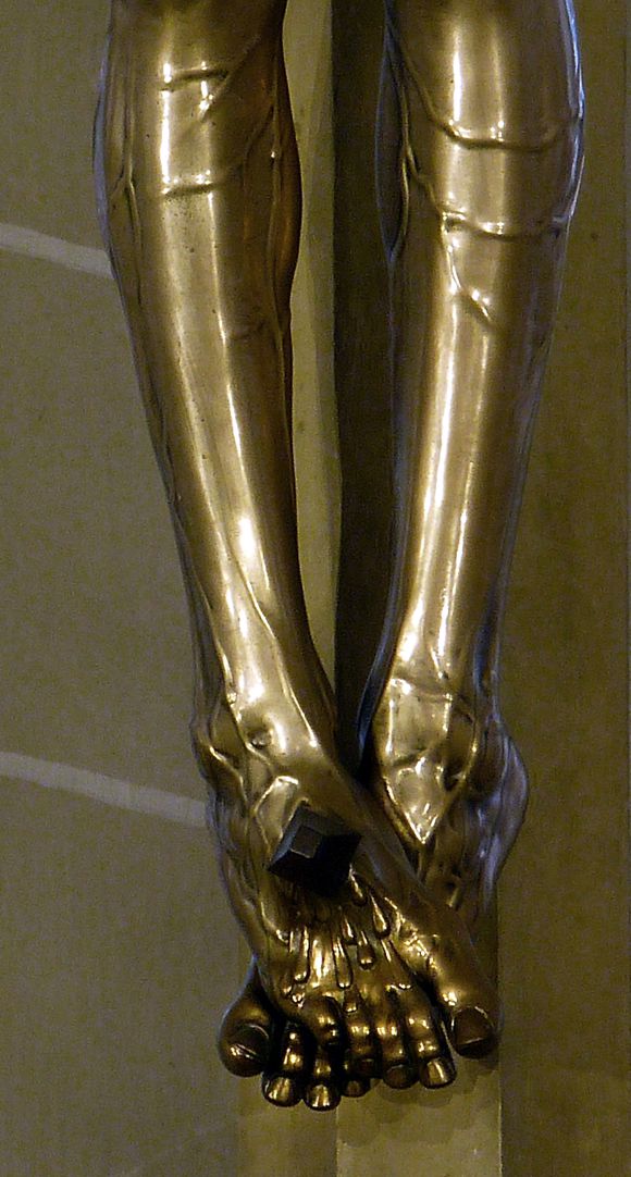 Crucifix Feet nailed to the cross, front view