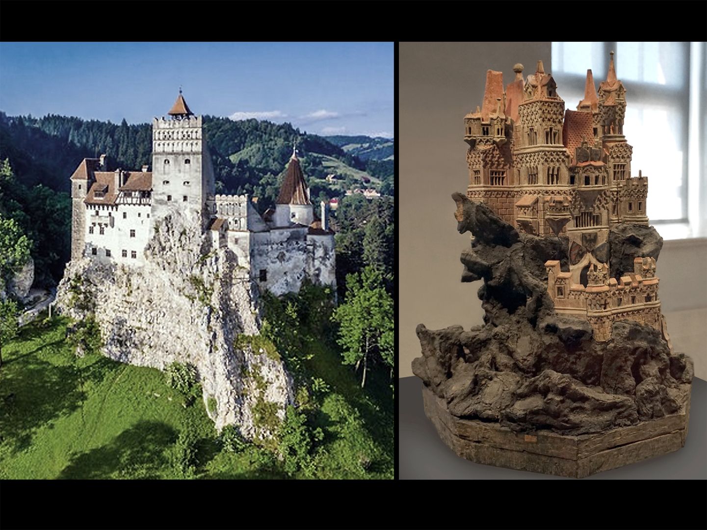 Modell einer Ritterburg So phantasievoll das Burgmodell erscheint, könnte die Felsensituation halbwegs realistisch sein (links Törzburg in Bran, Rumänien, rechts Modell)