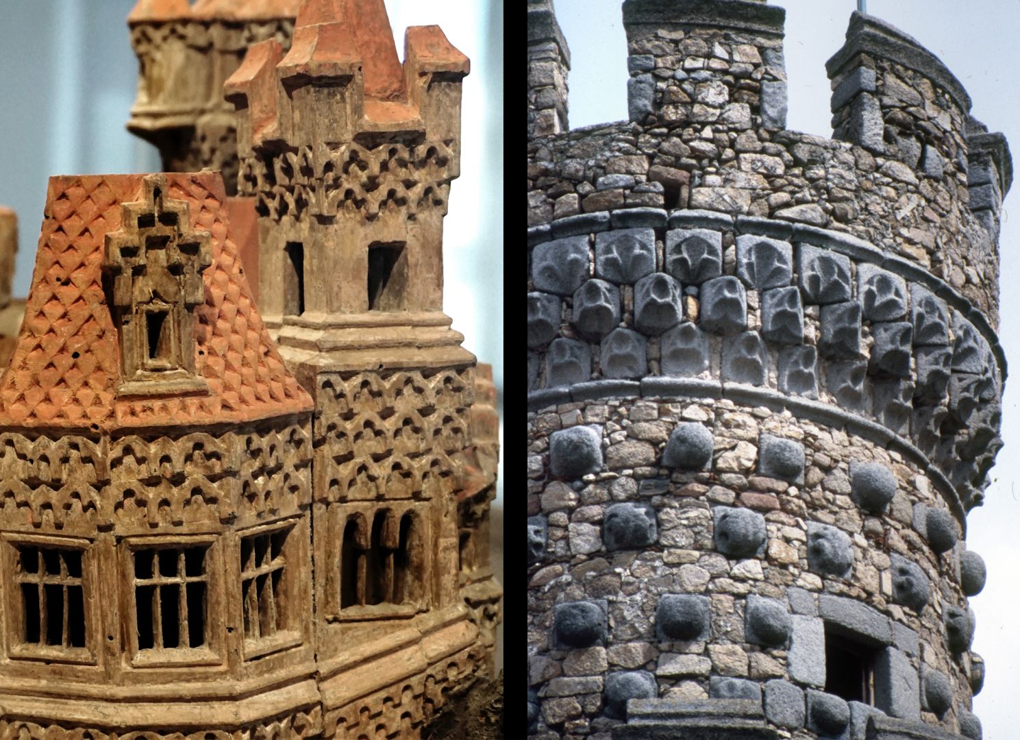 Modell einer Ritterburg Vergleich, Burgmodell und Turmdetail der Burg Real de Manzanares (nahe Madrid)