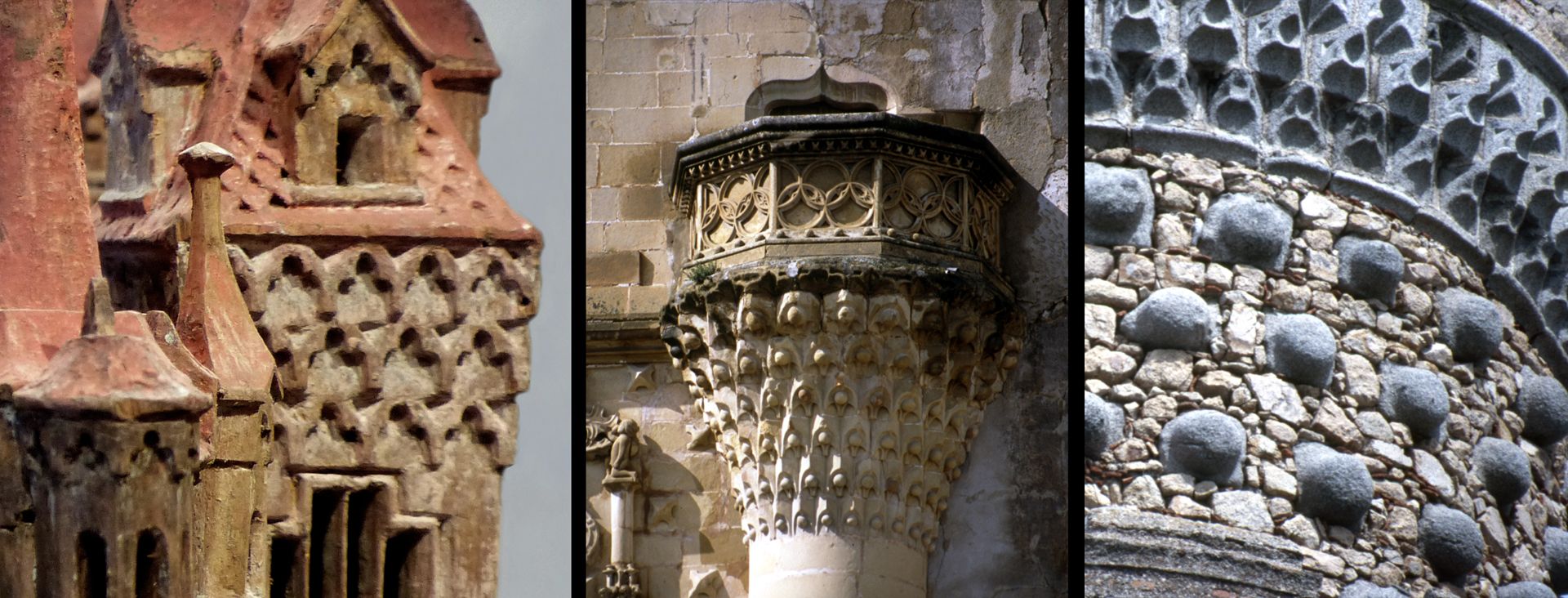 Modell einer Ritterburg Vergleich, Burgmodelldetail, Balkon des Stadtpalastes Jabalquinto in Baeza (dieser zeigt Muqarnas) und Turmdetail in Real de Manzanares