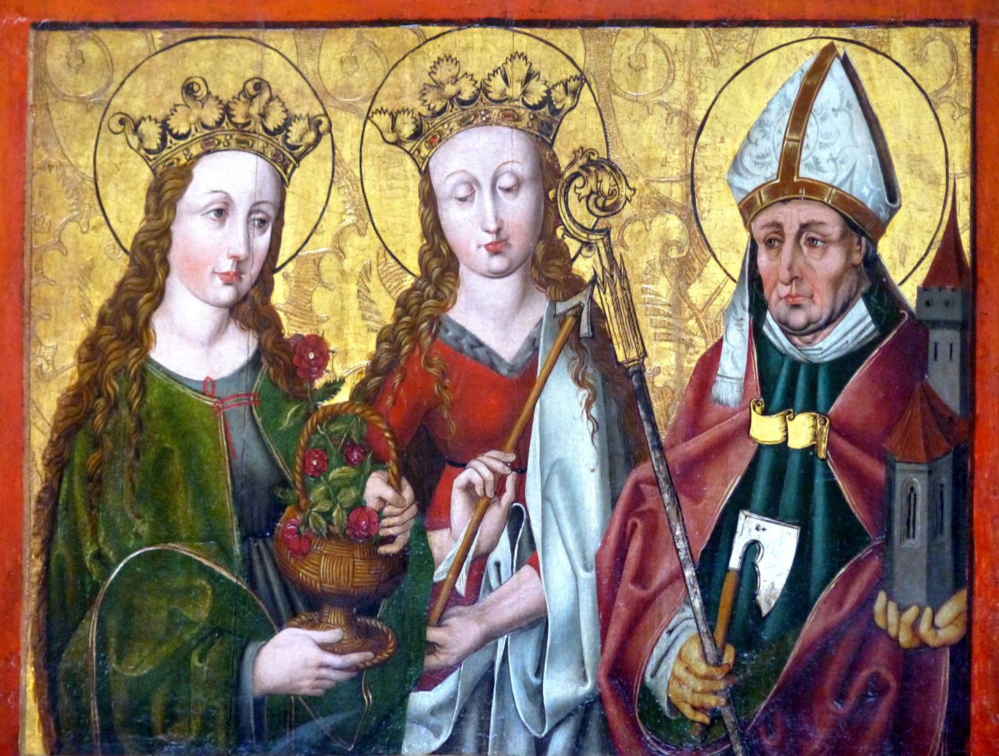 Hochaltar der Johanneskirche (Crailsheim) rechter Predellaflügel mit Dorothea, Ursula und Wolfgang