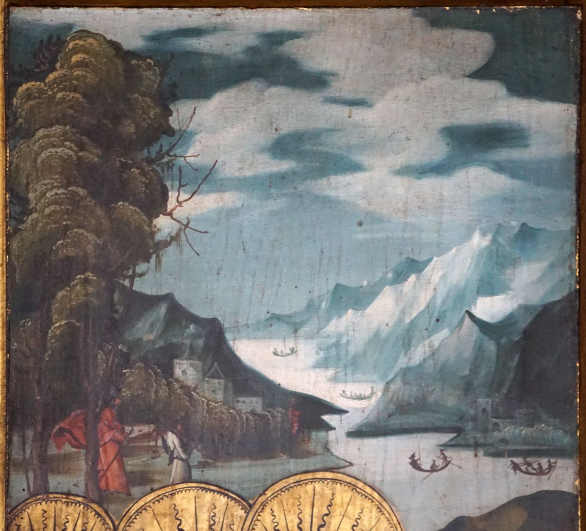 Crispinusaltar geschlossener Altar, rechter Schreinflügel, Detail der Landschaftsmalerei