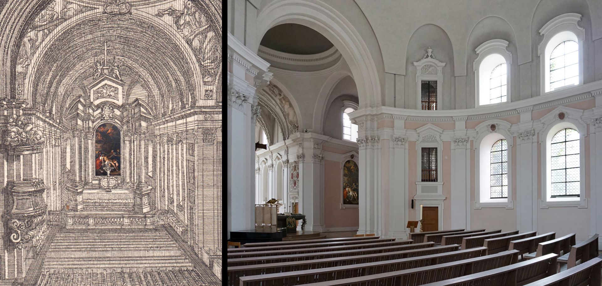 Lamentation of Christ Photomontage: left, view of Johann Adam Delsenbach with photo addition of the main altar painting / right, present position of the main altar painting in the southern aisle