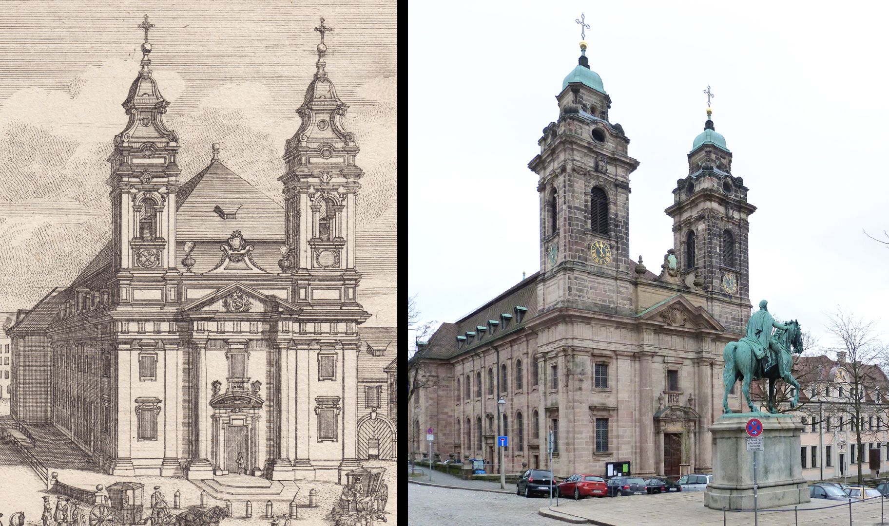 Egidien Kirche und Gymnasium Bildvergleich: Detailansicht mit St. Egidien / rechts der heutige Zustand