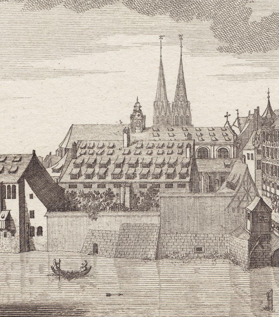 Königsbrücke Detailansicht mit Pegnitzufer, Zuchthaus (c), Barfüßerkirche (b) und den Türmen von St. Lorenz