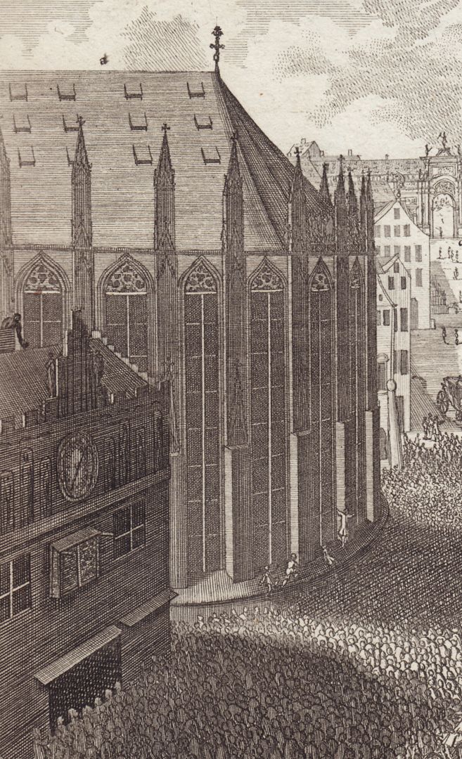 Prospect des Nürnbergischen Rath=hauses Menschenmenge vor der "Schau" und dem Chor von St. Sebald