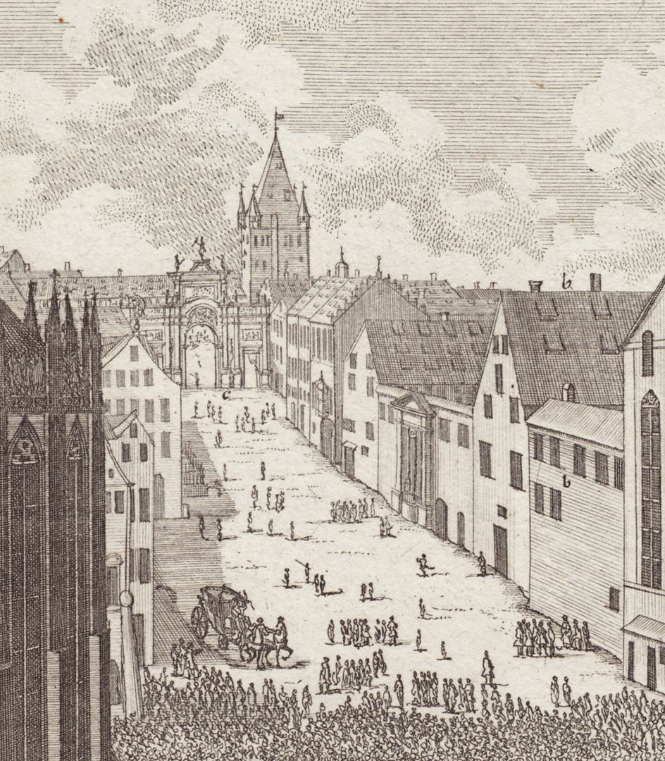 Prospect des Nürnbergischen Rath=hauses Blick zur Ehrenpforte, links Chor der Sebalduskirche, rechts Predigerkirche