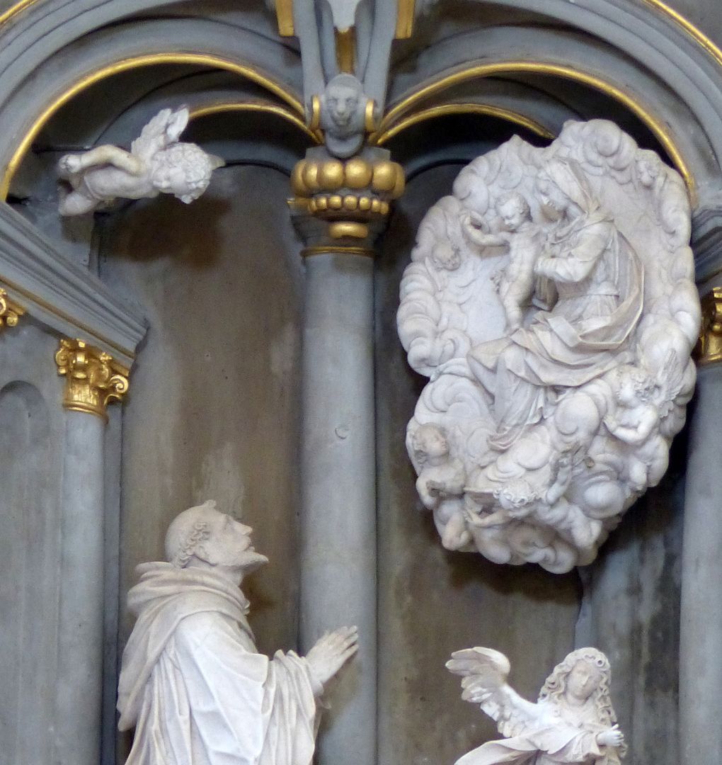 Altar of St. Bernard Bernard kneels before Mary with the infant Jesus, an angel accompanies the scene