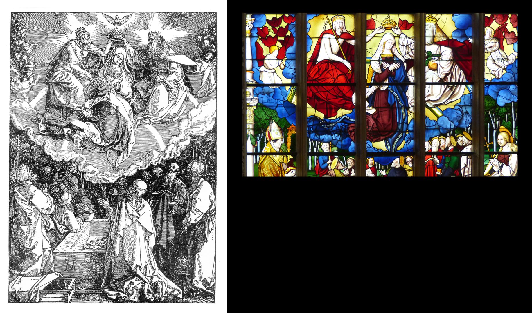 Himmelfahrt und Krönung Mariä Gegenüberstellung Dürer und Fenster in Brou